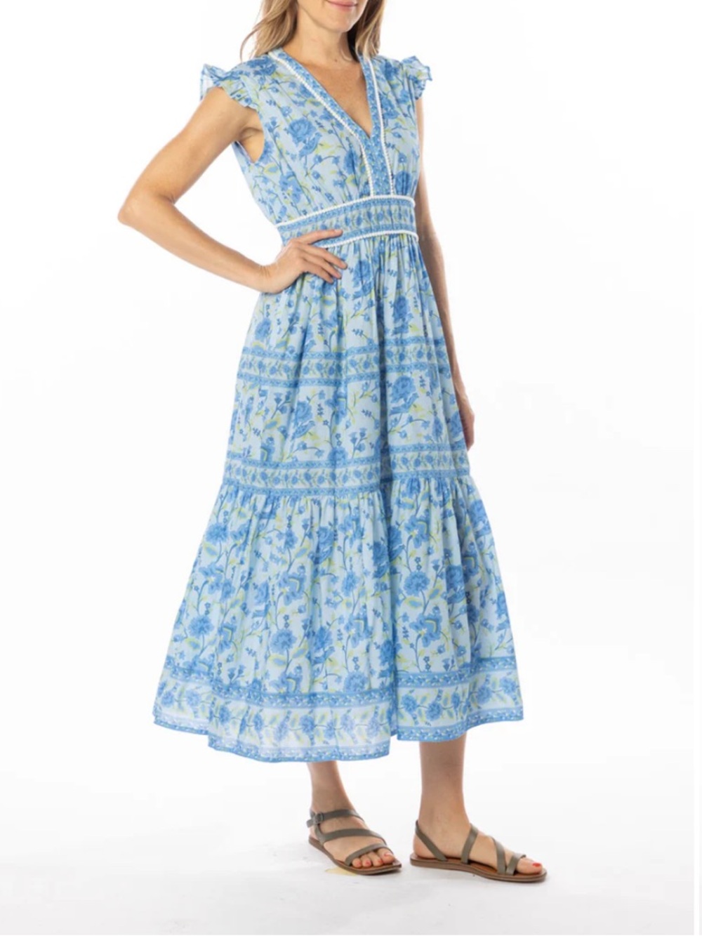 Bindu NWT Celine Provence Midi Dress Blue Floral Flutter Sleeve Tiered Size XL